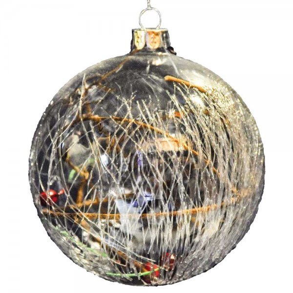 Χριστουγεννιάτικη Γυάλινη Μπάλα Διάφανη, με Τρίχα και Κλαδάκια στο Εσωτερικό (8cm)